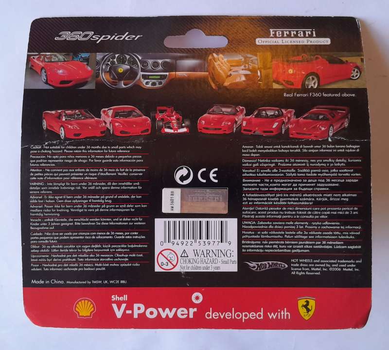 Hot Wheels Shell V-Power Ferrari 360 Spider. Scale 1/38 (11.5cm). Sealed In Original Packaging.