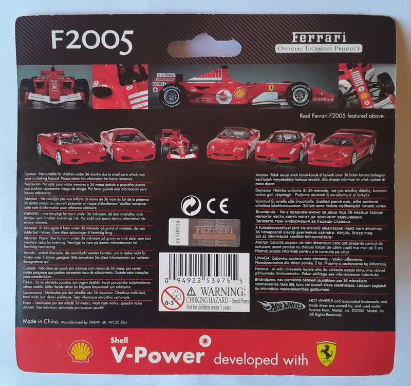 Hot Wheels Shell V-Power Ferrari F2005. Scale 1/38 (12cm). Sealed In Original Packaging.