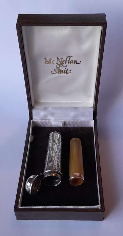 Antique 9ct Gold and Amber Cheroot Holder with Sterling Silver Case. London, 1916.
