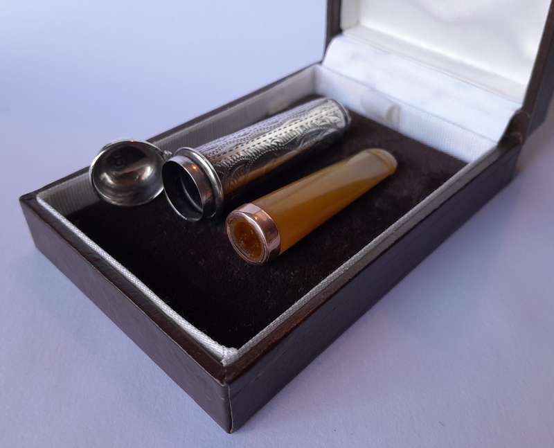 Antique 9ct Gold and Amber Cheroot Holder with Sterling Silver Case. London, 1916.