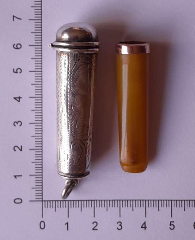 Antique 9ct Gold and Amber Cheroot Holder with Sterling Silver Case. London, 1916.