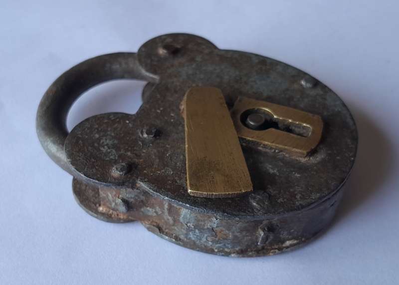 Antique Large Iron & Brass Padlock.  No Key.  8.5 x 5cm.