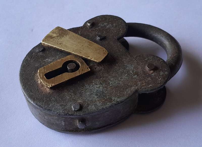 Antique Large Iron & Brass Padlock.  No Key.  8.5 x 5cm.