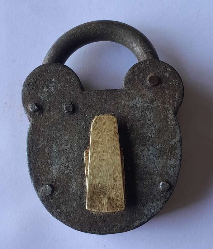 Antique Large Iron & Brass Padlock.  No Key.  8.5 x 5cm.
