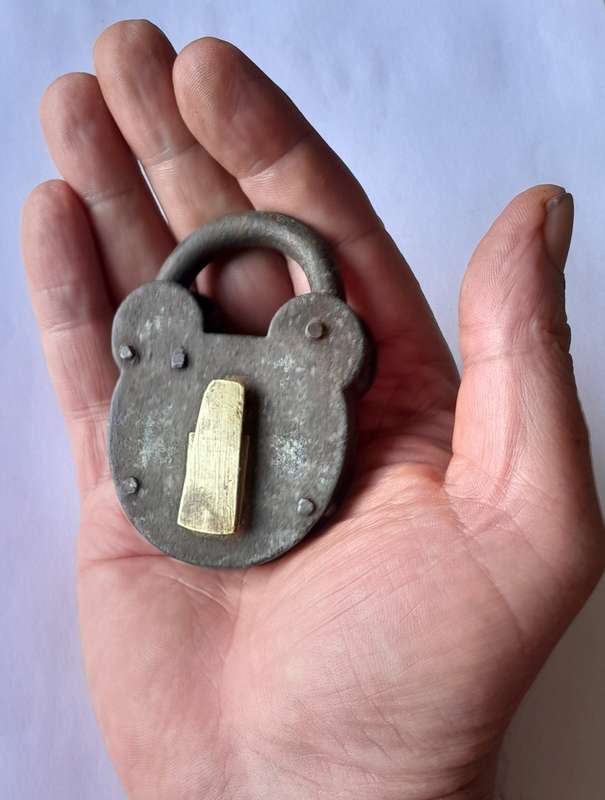 Antique Large Iron & Brass Padlock.  No Key.  8.5 x 5cm.