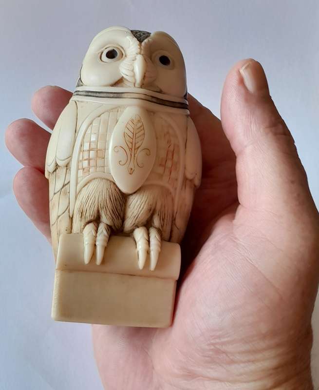 John Biccard Owl Michael Angelo Crushed Marble Sculpture. Signed. 11.5cm