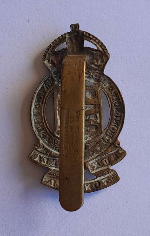 WW2 British Army Ordinance Corps Cap Badge.  Maker's Stamp. Slider Intact.