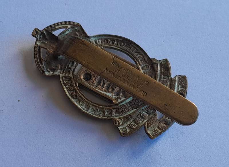 WW2 British Army Ordinance Corps Cap Badge.  Maker's Stamp. Slider Intact.