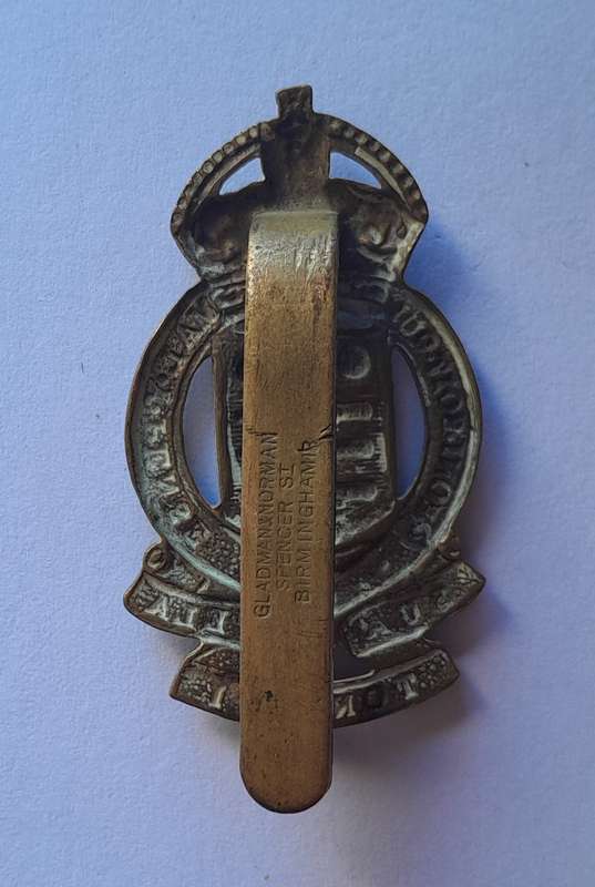 WW2 British Army Ordinance Corps Cap Badge.  Maker's Stamp. Slider Intact.