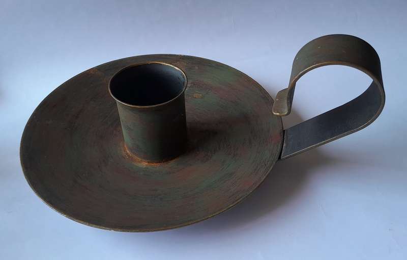 Large Antique Metal Chamberstick Candle Holder With Bronze & Gilt Painted Finish.  32cm.