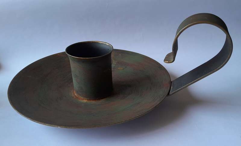 Large Antique Metal Chamberstick Candle Holder With Bronze & Gilt Painted Finish.  32cm.