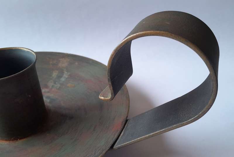 Large Antique Metal Chamberstick Candle Holder With Bronze & Gilt Painted Finish.  32cm.