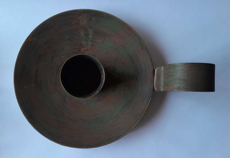 Large Antique Metal Chamberstick Candle Holder With Bronze & Gilt Painted Finish.  32cm.
