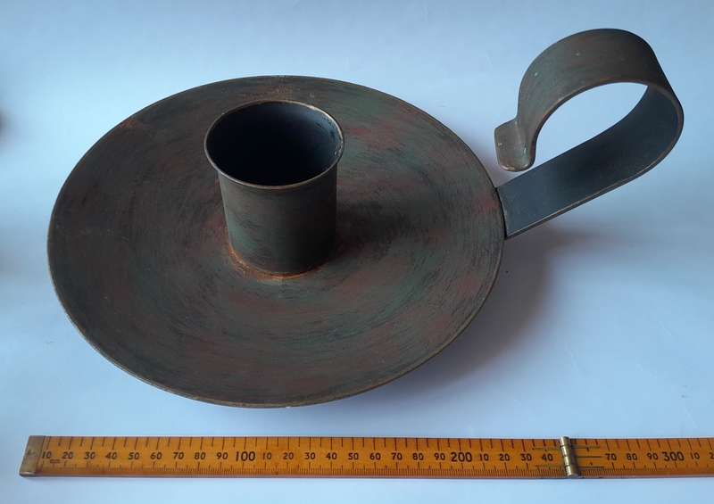 Large Antique Metal Chamberstick Candle Holder With Bronze & Gilt Painted Finish.  32cm.