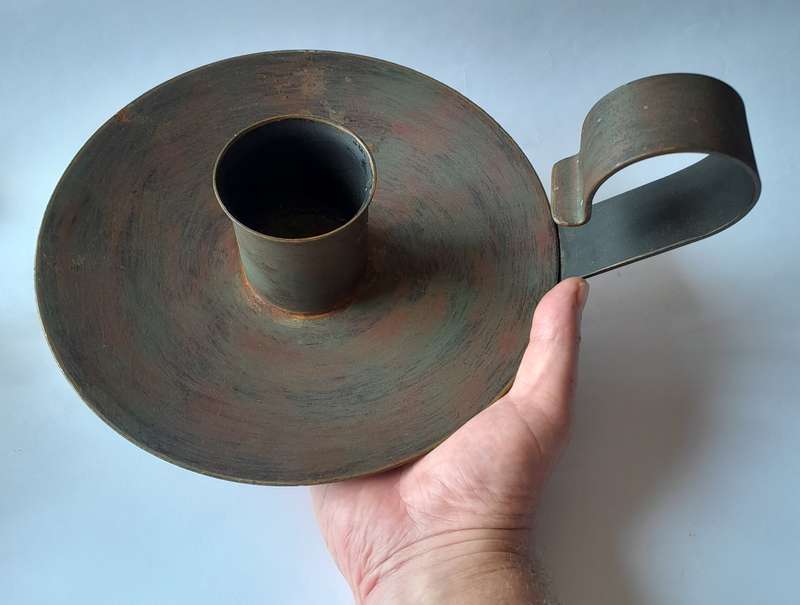 Large Antique Metal Chamberstick Candle Holder With Bronze & Gilt Painted Finish.  32cm.