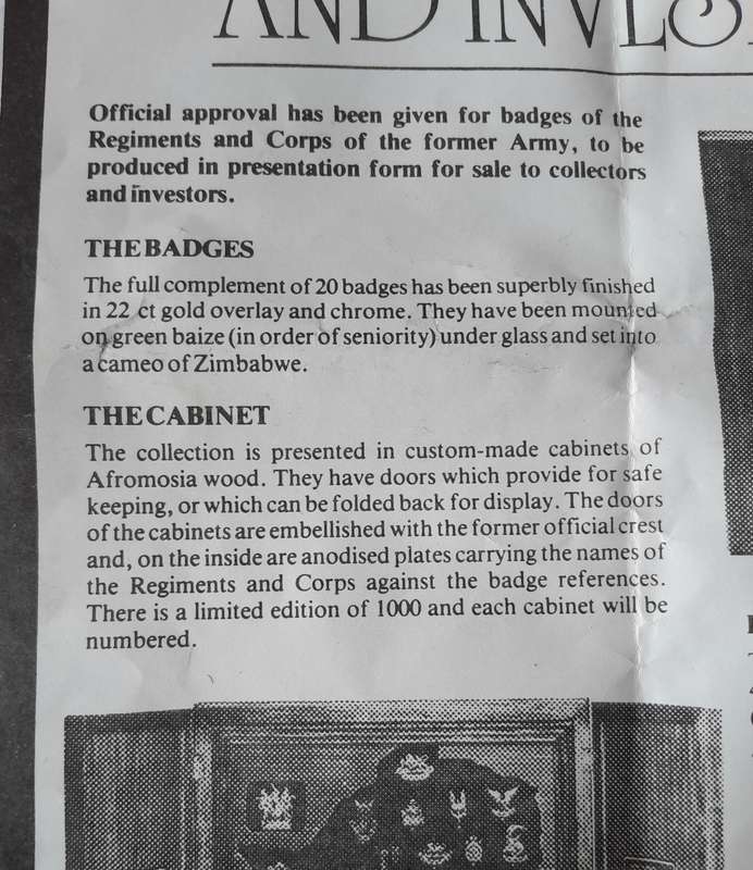 Rhodesian Army Collector's Badge Set in Cabinet.  Ltd Edition. No. 469/1000.