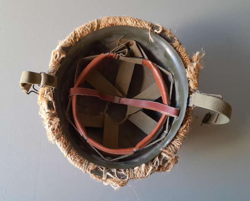 1970 SADF Border War Staaldak Helmet with Full Bush Camo and Inner.  C.J. Fuchs Ltd.