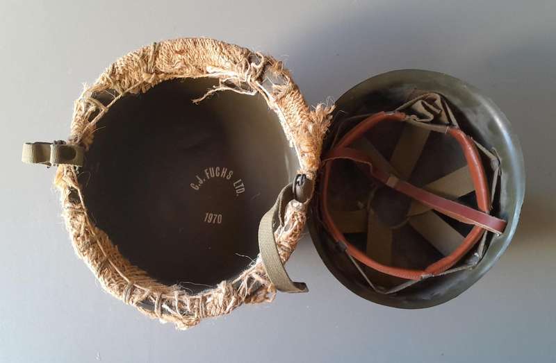 1970 SADF Border War Staaldak Helmet with Full Bush Camo and Inner.  C.J. Fuchs Ltd.