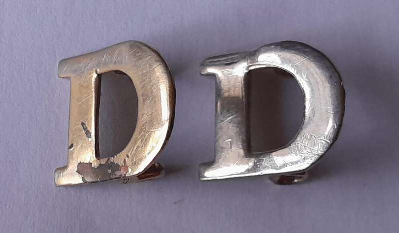 Vintage Pair "D" Company Shoulder Titles.  Lugs Intact.