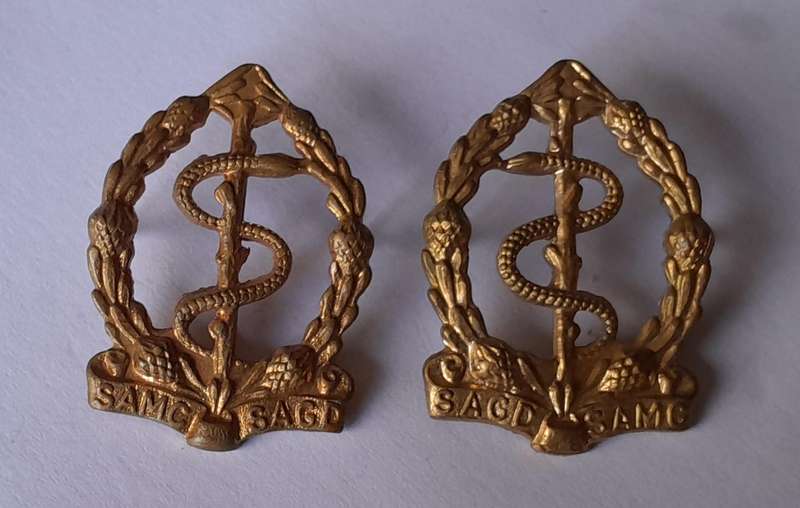 Pair SADF Medical Corps Collar Badges (facing).  Pins Intact.