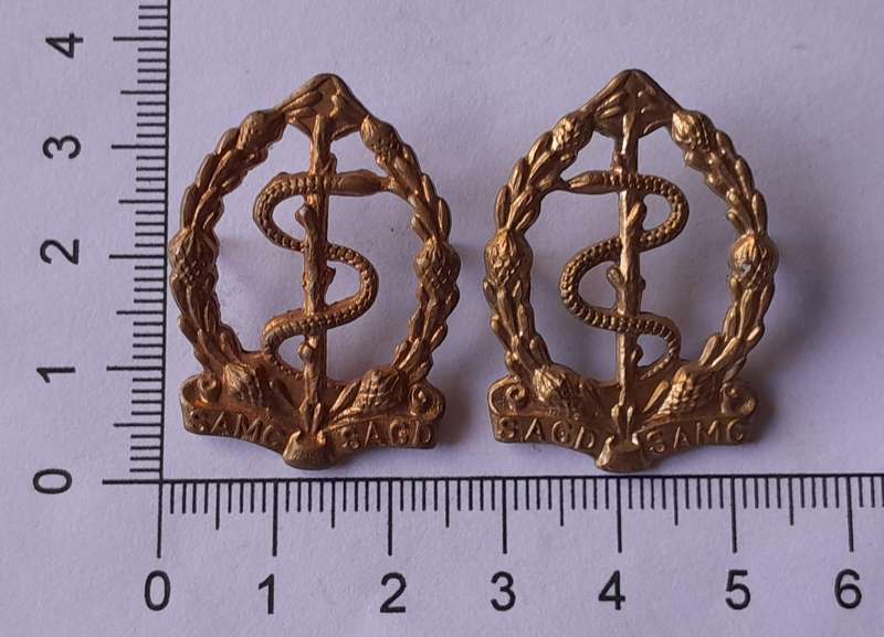 Pair SADF Medical Corps Collar Badges (facing).  Pins Intact.