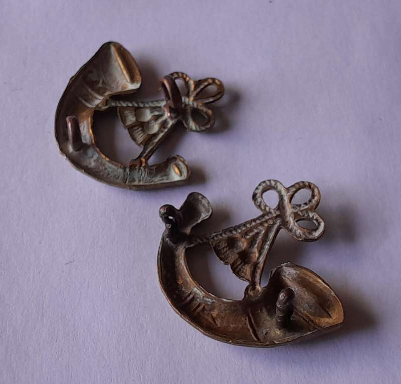 Pair SA Army Bugler Collar Badges (Facing).  Lugs Intact.