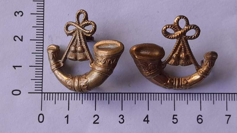 Pair SA Army Bugler Collar Badges (Facing).  Lugs Intact.