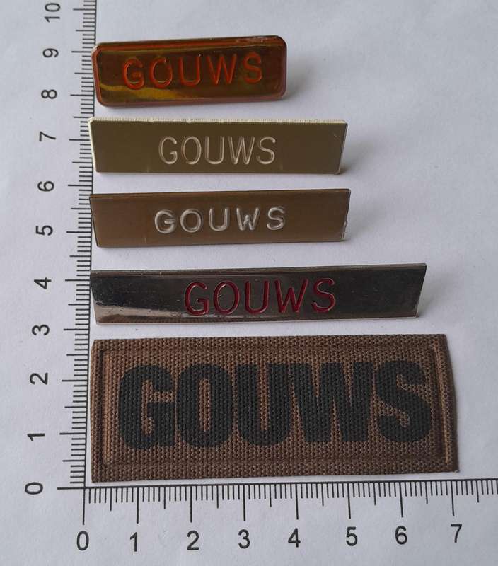 Collection of SADF "Gouws" Name Tags.  All Pins Intact.