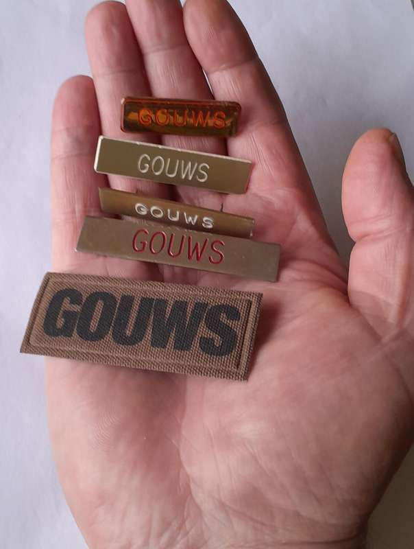 Collection of SADF "Gouws" Name Tags.  All Pins Intact.