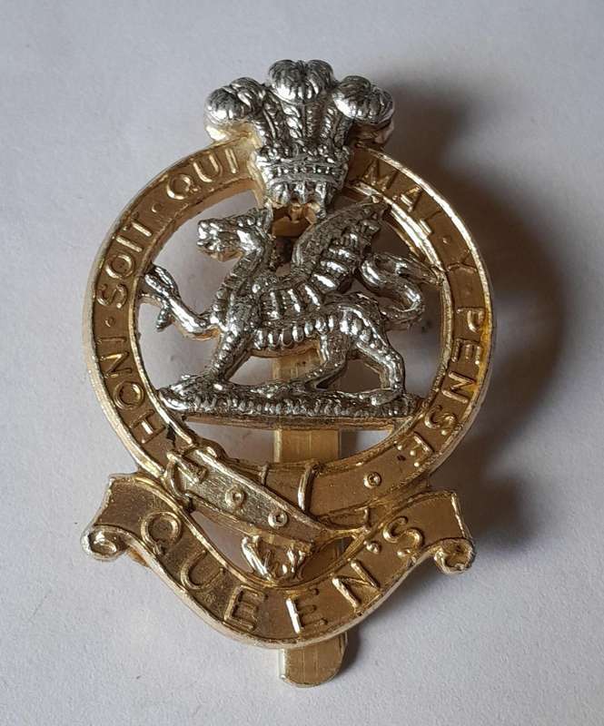 British Queens Regiment Anodised Aluminium Cap Badge.  JR Gaunt.  Slider Intact.