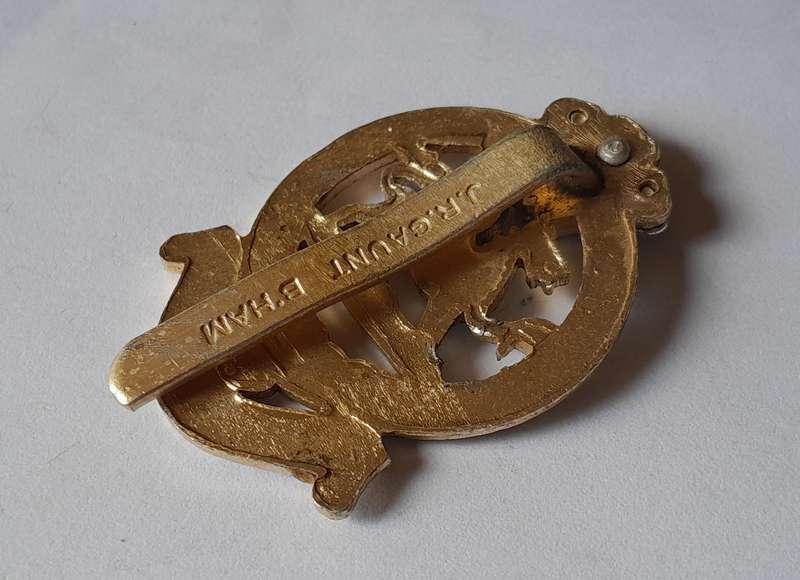 British Queens Regiment Anodised Aluminium Cap Badge.  JR Gaunt.  Slider Intact.