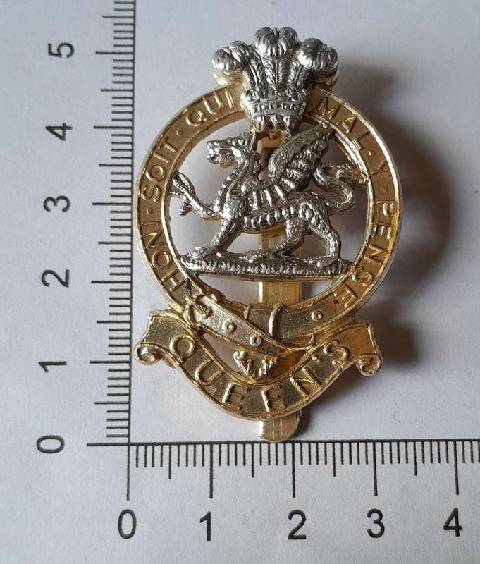 British Queens Regiment Anodised Aluminium Cap Badge.  JR Gaunt.  Slider Intact.