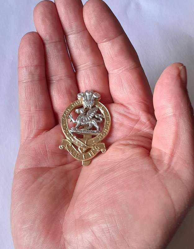 British Queens Regiment Anodised Aluminium Cap Badge.  JR Gaunt.  Slider Intact.