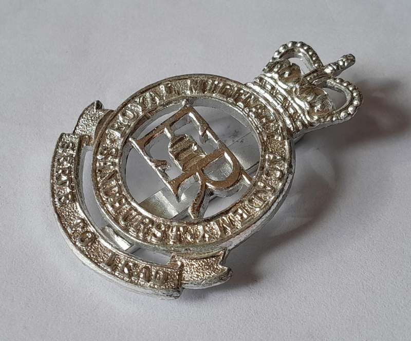 British Royal Military Academy Anodised Aluminium Cap Badge.  JR Gaunt.  Slider Intact.