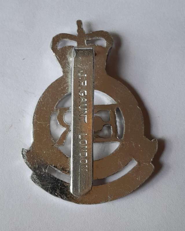 British Royal Military Academy Anodised Aluminium Cap Badge.  JR Gaunt.  Slider Intact.