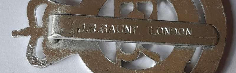 British Royal Military Academy Anodised Aluminium Cap Badge.  JR Gaunt.  Slider Intact.