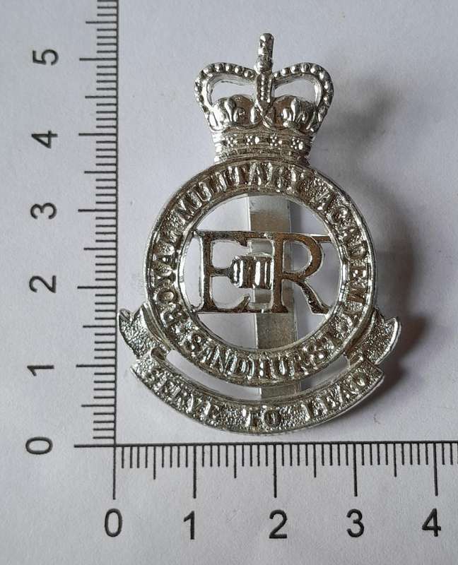 British Royal Military Academy Anodised Aluminium Cap Badge.  JR Gaunt.  Slider Intact.