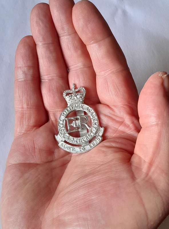 British Royal Military Academy Anodised Aluminium Cap Badge.  JR Gaunt.  Slider Intact.