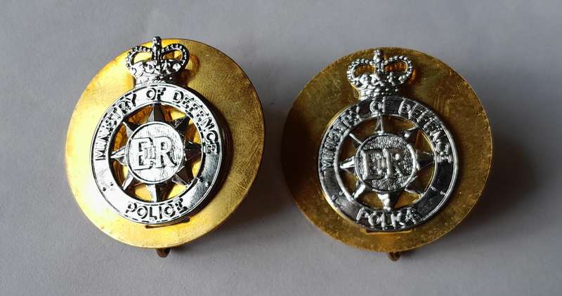 Pair Ministry of Defence Police Anodised Aluminium Collar Badges with Backplates.