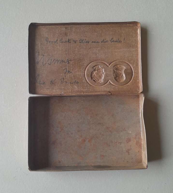 WW2 1943 Gift Tin To SA Troops From Jan & Isie Smuts. 11.5 x 7.5cm.