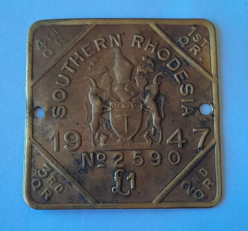"Reserved" Rare 1947 Southern Rhodesia Metal Tax Badge. 52 x 52mm