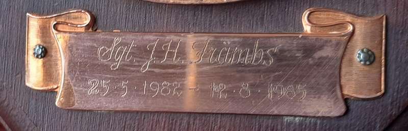SA Air Force 19 Squadron Plaque.  "Sgt. JH Frambs, 1982 - 1985"