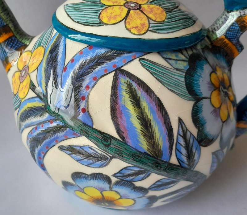 Ardmore Studio Hand Painted Lidded Teapot.  Made By Paulin.  Painted By Rosemary.  24cm X 16cm.