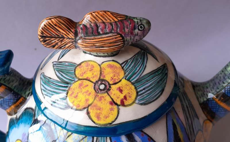 Ardmore Studio Hand Painted Lidded Teapot.  Made By Paulin.  Painted By Rosemary.  24cm X 16cm.