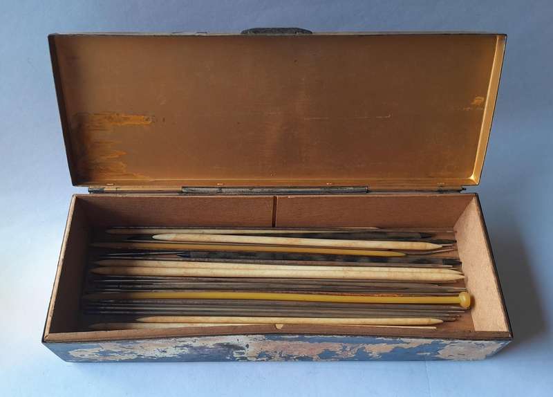 Antique  / Vintage Knitting Needle Collection In Old State Express Cigarette Tin.