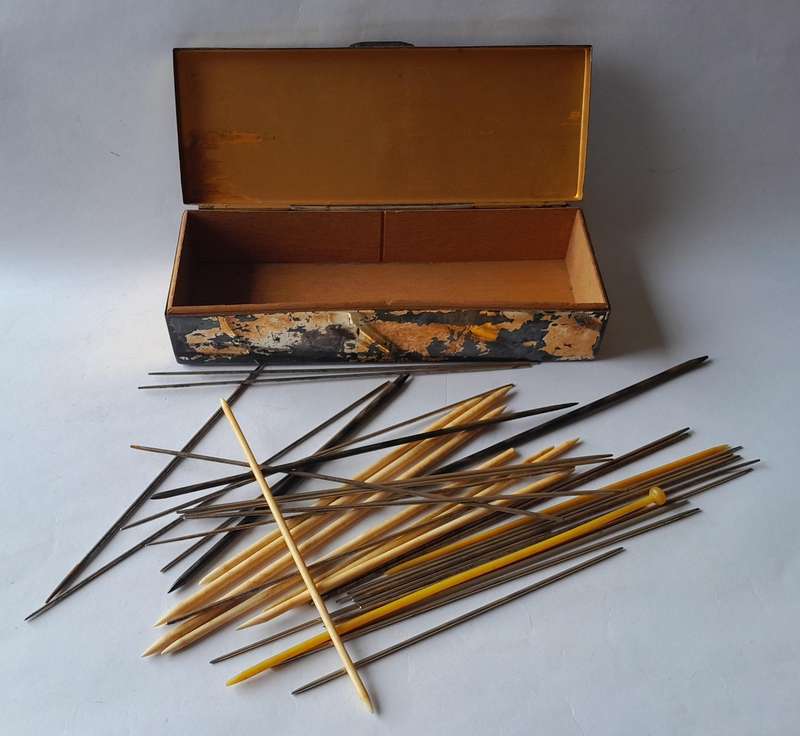 Antique  / Vintage Knitting Needle Collection In Old State Express Cigarette Tin.