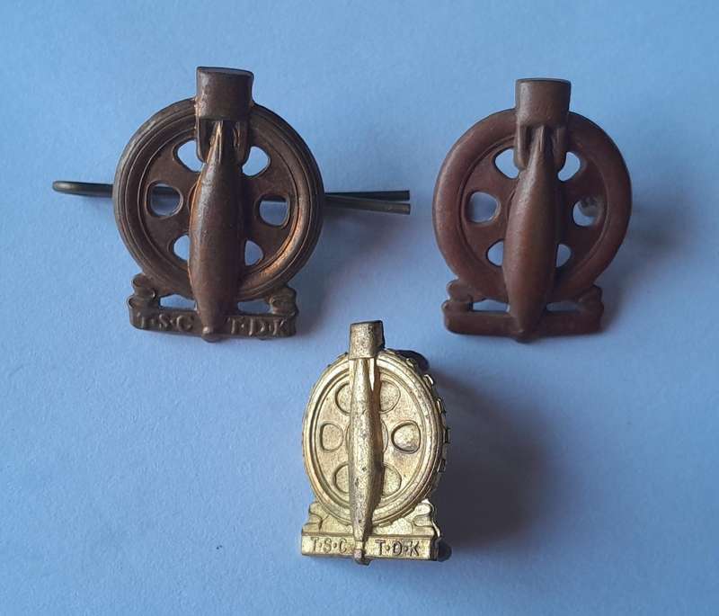 Pair WW2 SA Army Technical Corps Collar Badges + 1 other.  Lugs Intact.