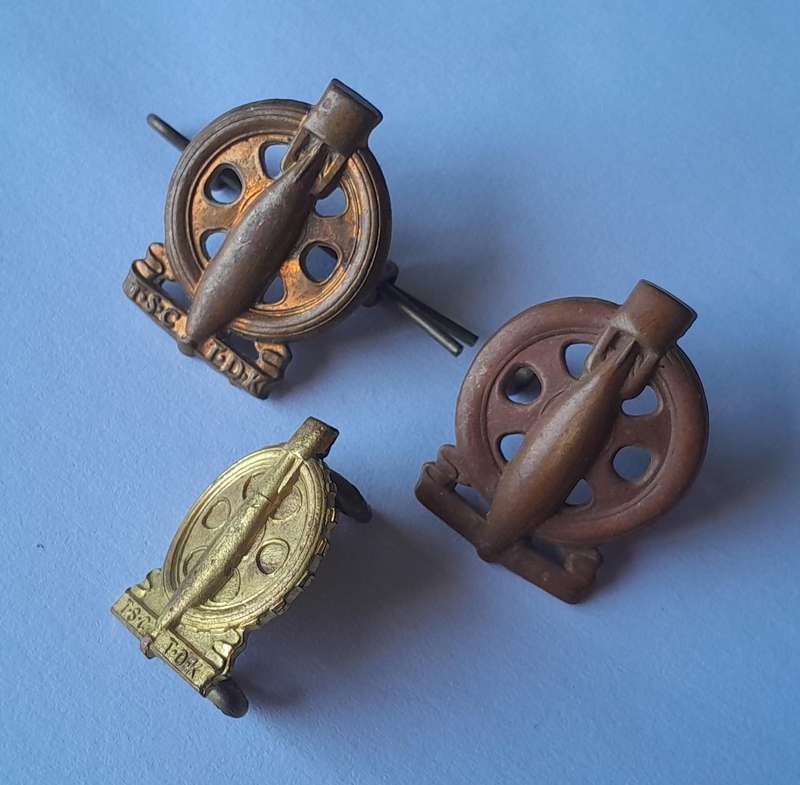 Pair WW2 SA Army Technical Corps Collar Badges + 1 other.  Lugs Intact.