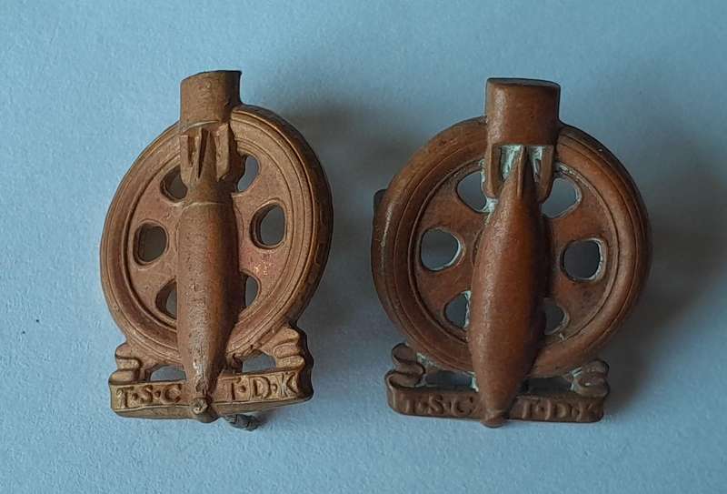 Pair WW2 SA Army Technical Corps Collar Badges.  Pins / Lugs Intact.
