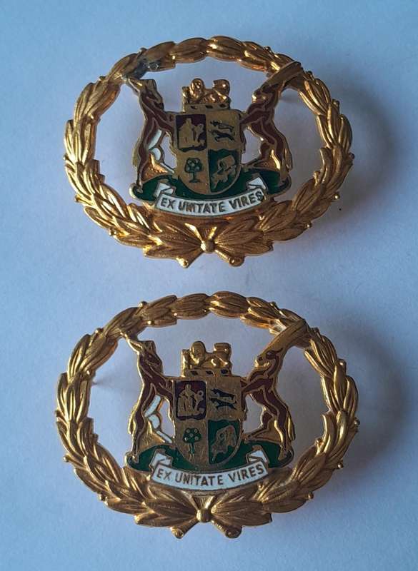 Pair SA Police Warrant Officer Badges.  Gilt & Enamel.  Pins Intact.